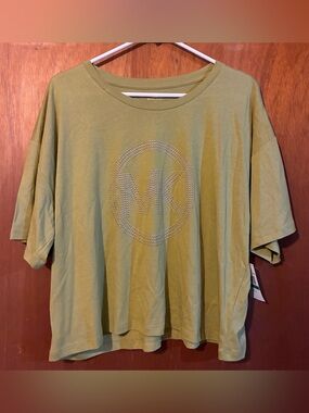 Michael Kors Olive Green Short Sleeve Crystal MK Logo Tee